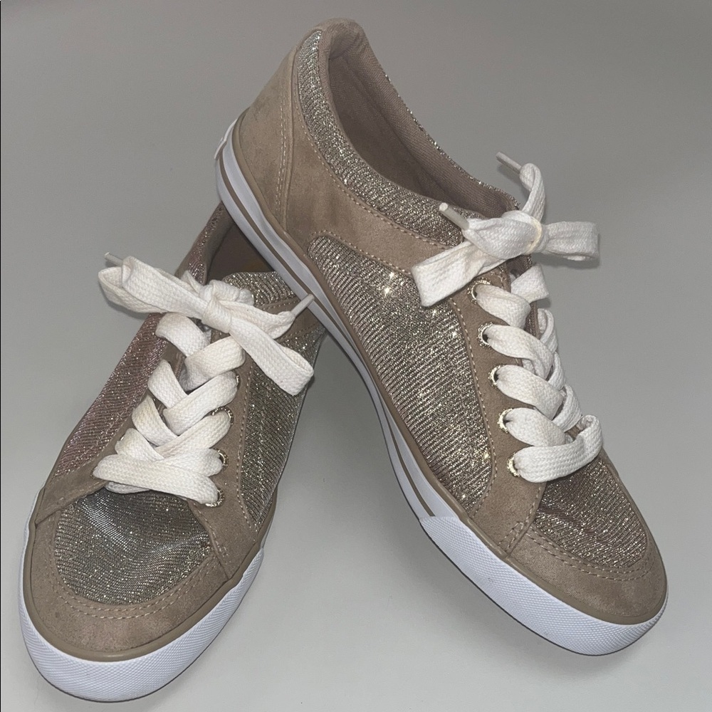 G by Guess Gold and Tan Glitter Sneakers